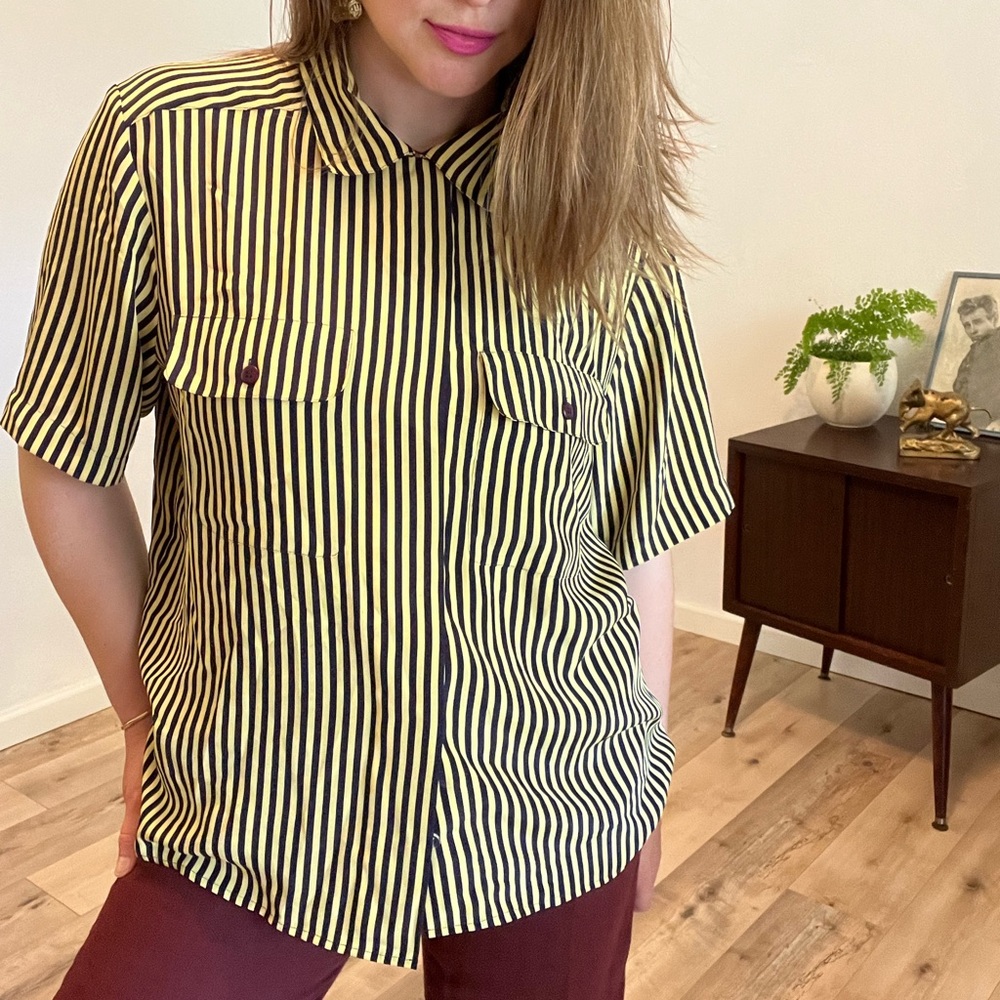 Vintage striped navy and yellow button up